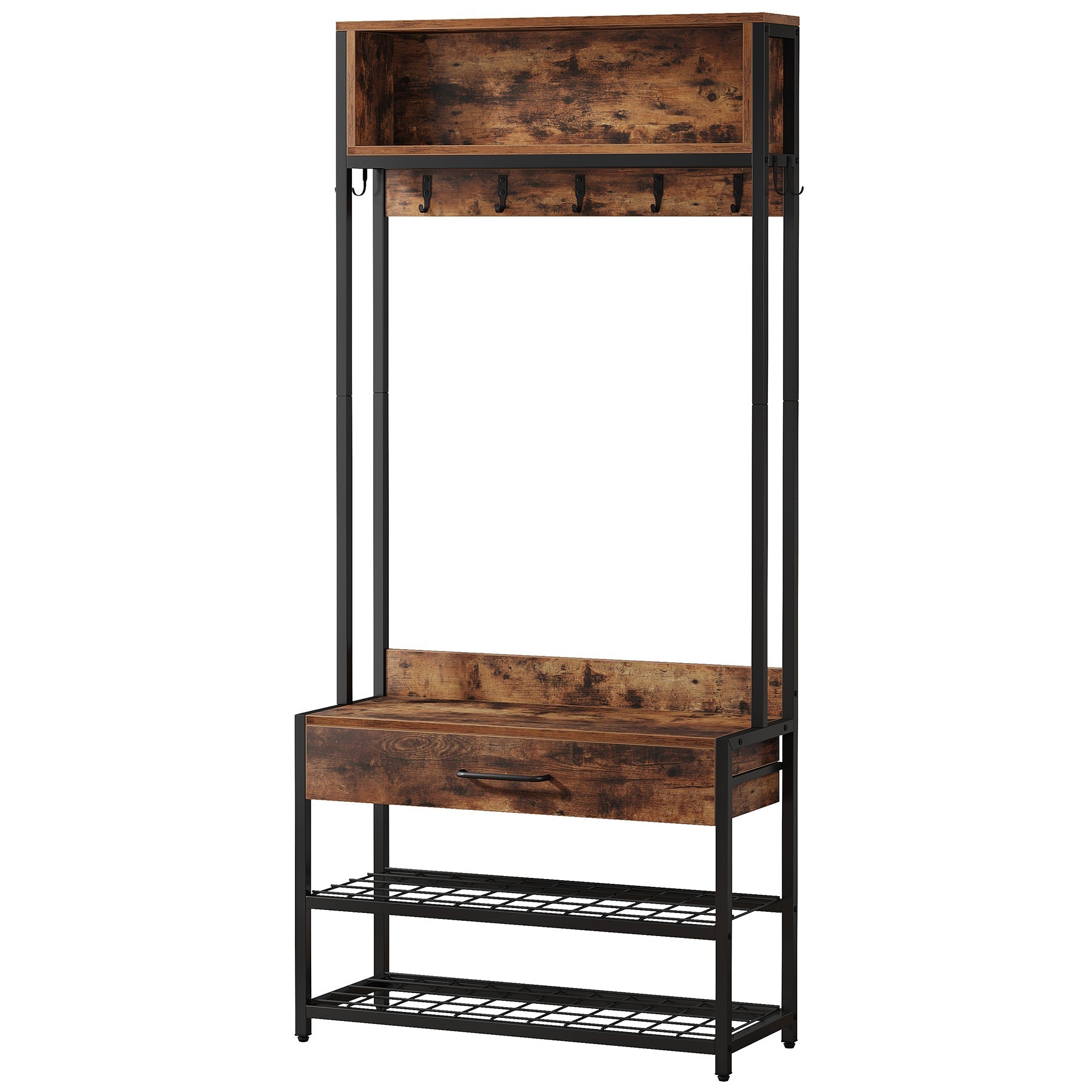 Industrial Coat Rack Shoe Bench, Entryway Hall Tree with Drawer & Hooks Tribesigns